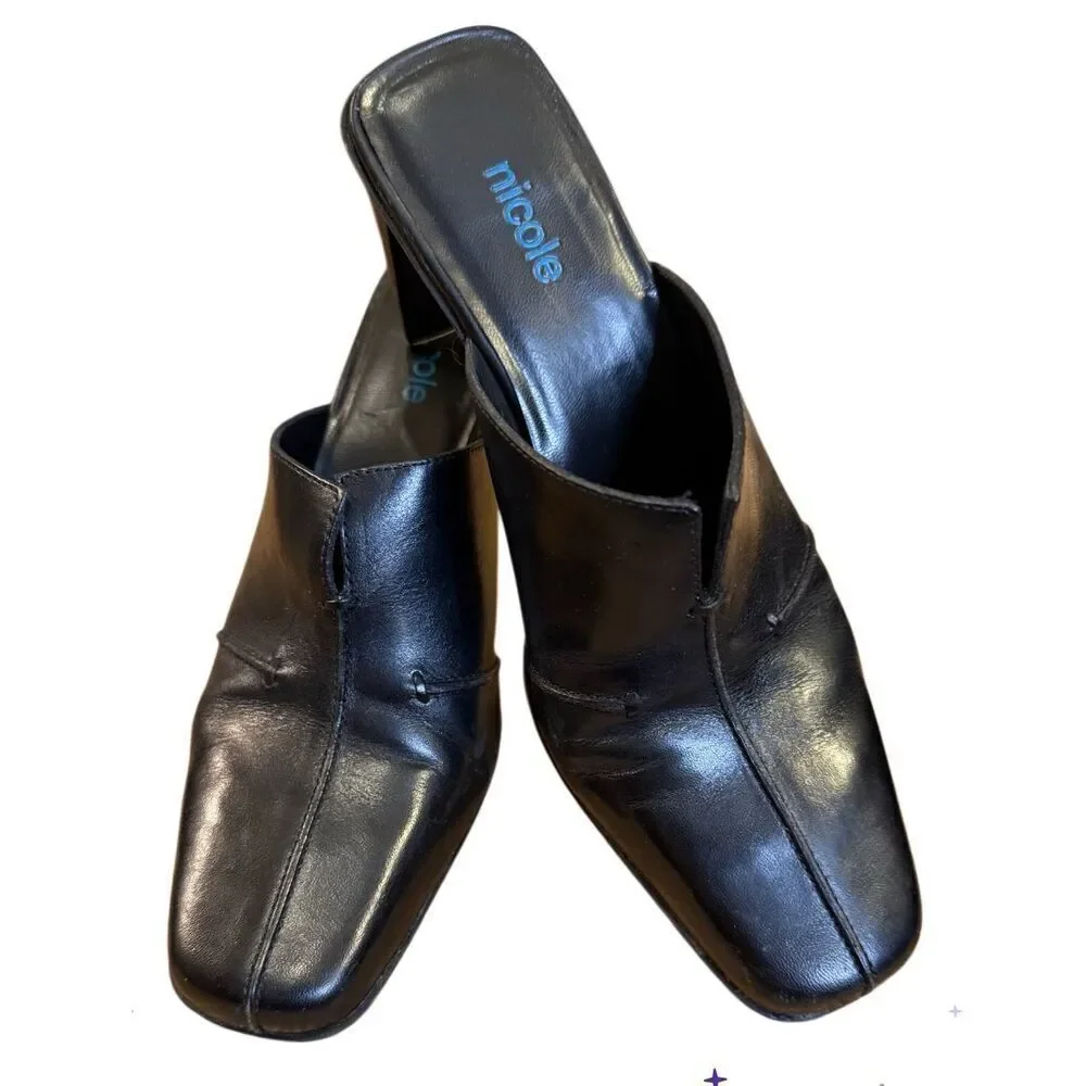 Nicole Brakes Black Leather Heeled Mules in Size 6.5